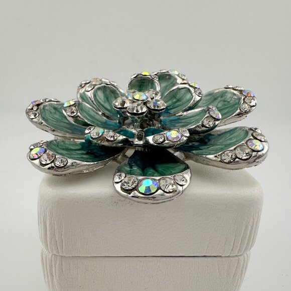 Shimmering Blue Green Peacock Crystal Flower Brooch - Picture 3 of 7